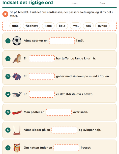 Forhåndsvisning af Indsæt det rigtige ord-arbejdsark til 1. klasse