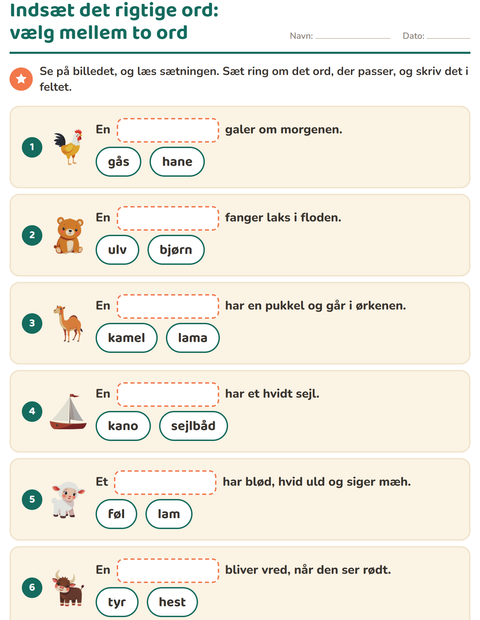 Forhåndsvisning af Indsæt det rigtige ord-arbejdsark til 1. klasse