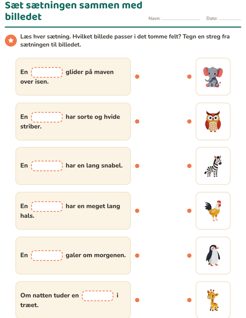 Sæt sætningen sammen med billedet – seks sætninger og seks billeder – 1. klasse