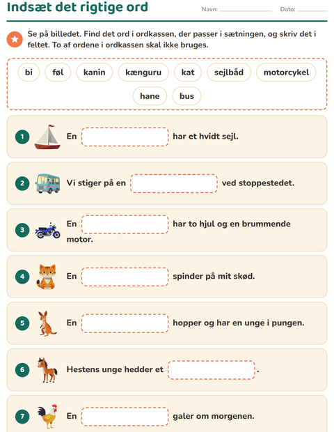 Forhåndsvisning af Indsæt det rigtige ord-arbejdsark til 1. klasse