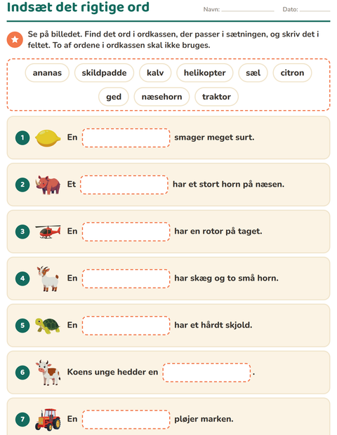 Forhåndsvisning af Indsæt det rigtige ord-arbejdsark til 1. klasse