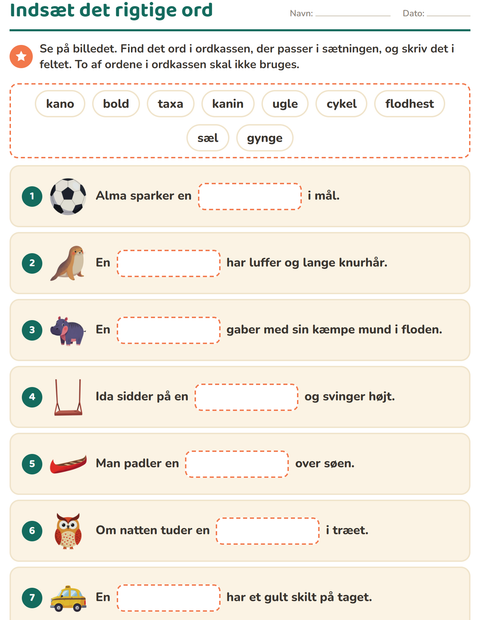 Forhåndsvisning af Indsæt det rigtige ord-arbejdsark til 1. klasse