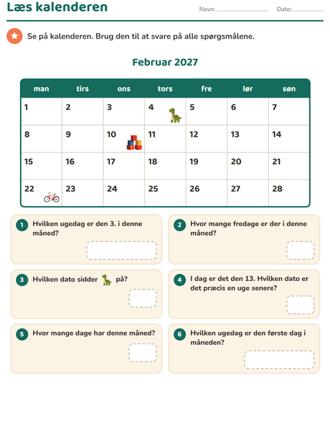 Forhåndsvisning af Kalenderen-arbejdsark til 2. klasse