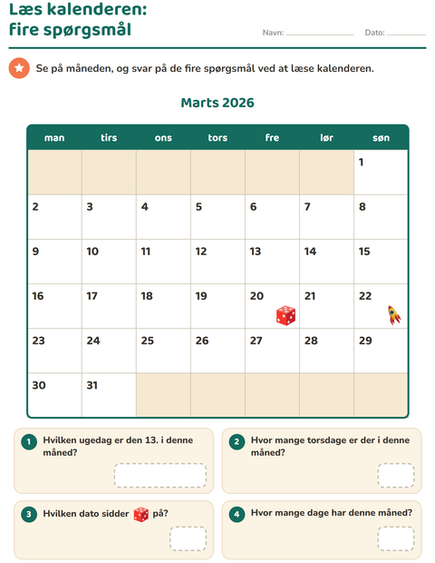 Forhåndsvisning af Kalenderen-arbejdsark til 2. klasse
