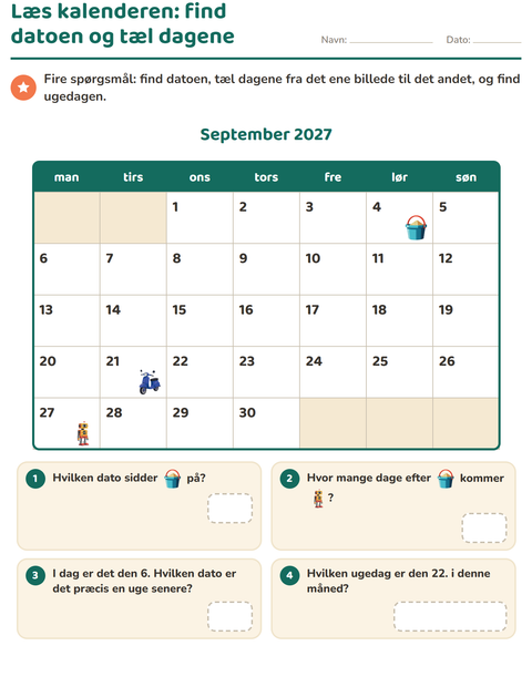 Forhåndsvisning af Kalenderen-arbejdsark til 2. klasse