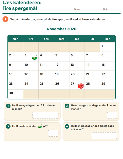 Forhåndsvisning af Kalenderen-arbejdsark til 2. klasse