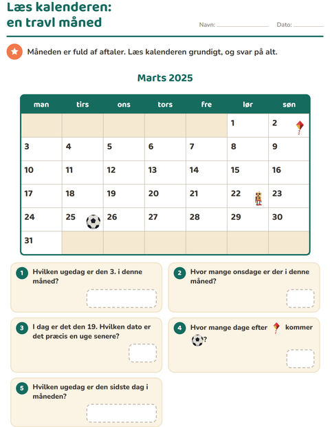 Forhåndsvisning af Kalenderen-arbejdsark til 2. klasse