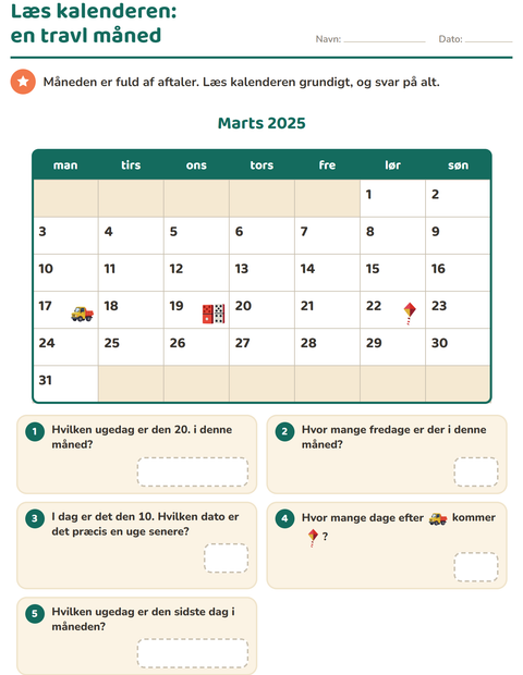Forhåndsvisning af Kalenderen-arbejdsark til 2. klasse