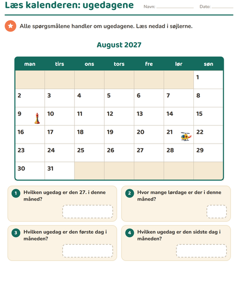 Forhåndsvisning af Kalenderen-arbejdsark til 2. klasse