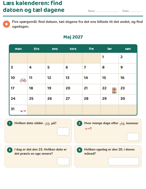 Forhåndsvisning af Kalenderen-arbejdsark til 2. klasse
