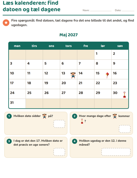 Forhåndsvisning af Kalenderen-arbejdsark til 2. klasse
