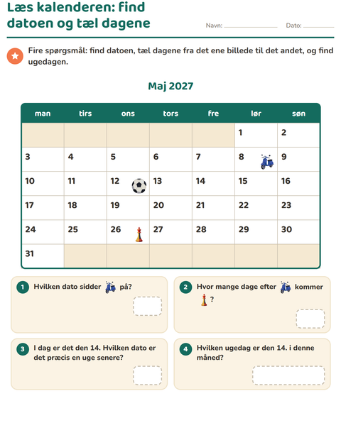 Forhåndsvisning af Kalenderen-arbejdsark til 2. klasse