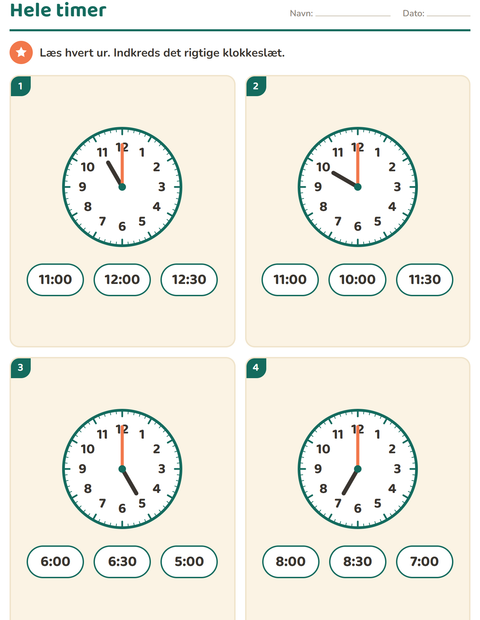 Aflæs klokken i 1. klasse – hele og halve timer — 2