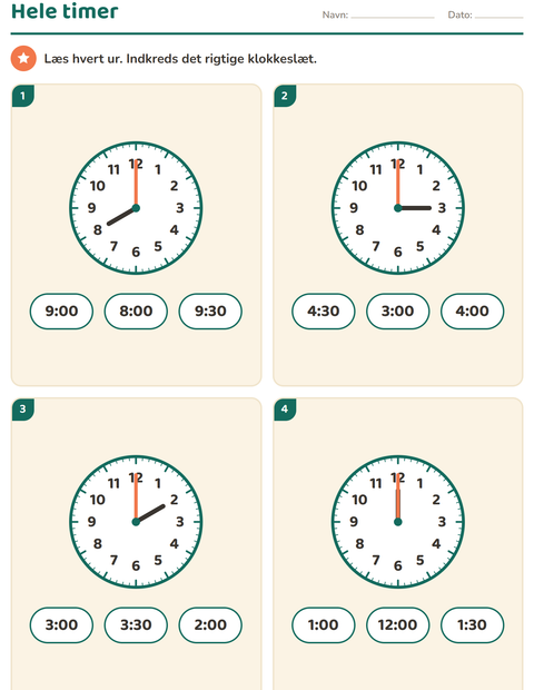 Aflæs klokken i 1. klasse – hele og halve timer — 4