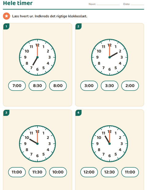 Aflæs klokken i 1. klasse – hele og halve timer — 5