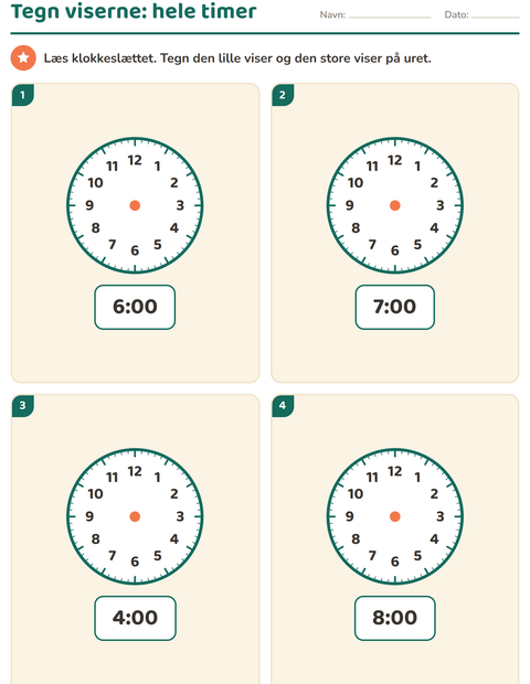 Tegn viserne: hele timer – urskiver til 1. klasse