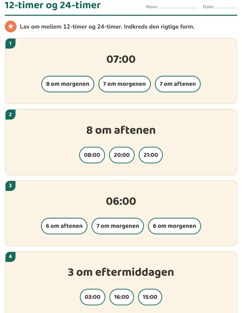 Forhåndsvisning af Hvad er klokken-arbejdsark til 3. klasse