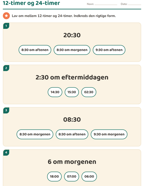 Forhåndsvisning af Hvad er klokken-arbejdsark til 3. klasse