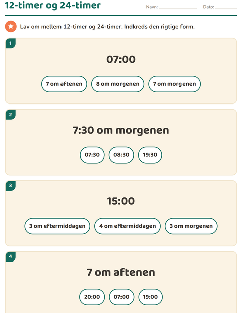Forhåndsvisning af Hvad er klokken-arbejdsark til 3. klasse