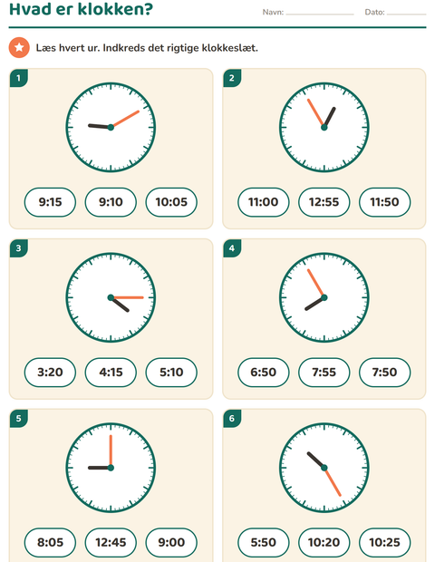 Forhåndsvisning af Hvad er klokken-arbejdsark til 2. klasse