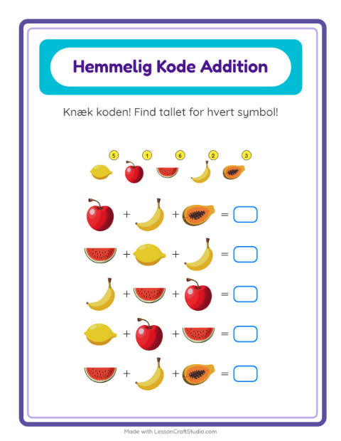 Regnekode til 20: frugter – opgave til 1. klasse — 3
