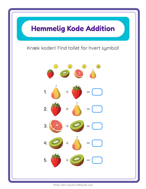Forhåndsvisning af Regnekode til 20: frugter – opgave til 1. klasse