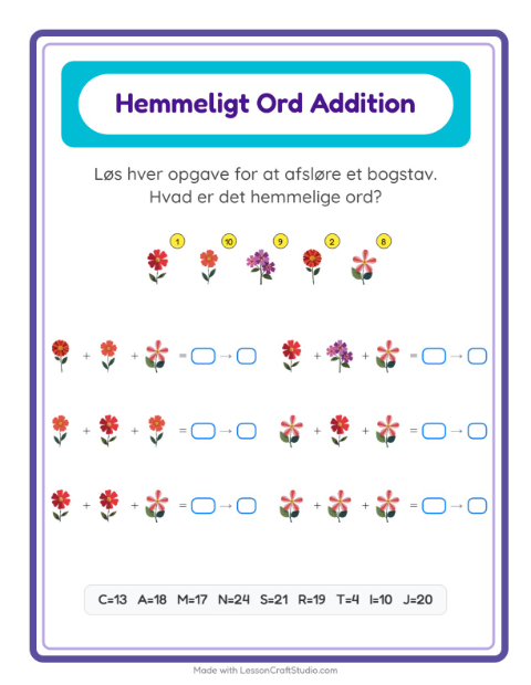 Forhåndsvisning af Kodeaddition-arbejdsark med Blomster til Børnehaveklasse