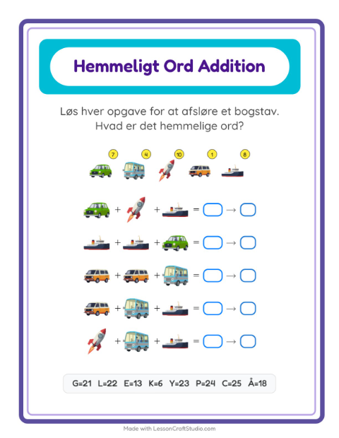 Forhåndsvisning af Hemmeligt ord med regnekode til 100: køretøjer – opgave til 2. klasse