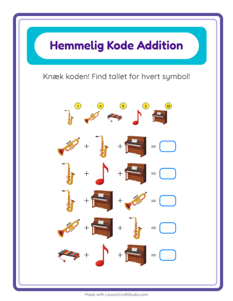Forhåndsvisning af Kodeaddition-arbejdsark med Musik til Børnehaveklasse