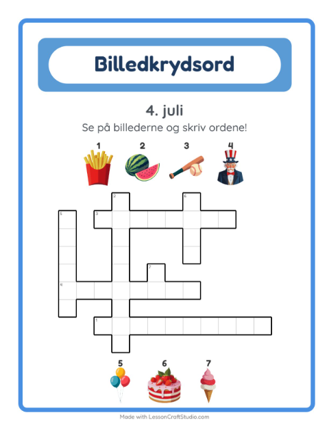 Forhåndsvisning af Krydsord-arbejdsark med 4. juli til 2. klasse