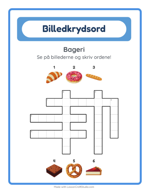 Forhåndsvisning af Krydsord-arbejdsark med Bageri til 2. klasse