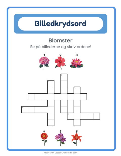 Forhåndsvisning af Krydsord-arbejdsark med Blomster til 2. klasse