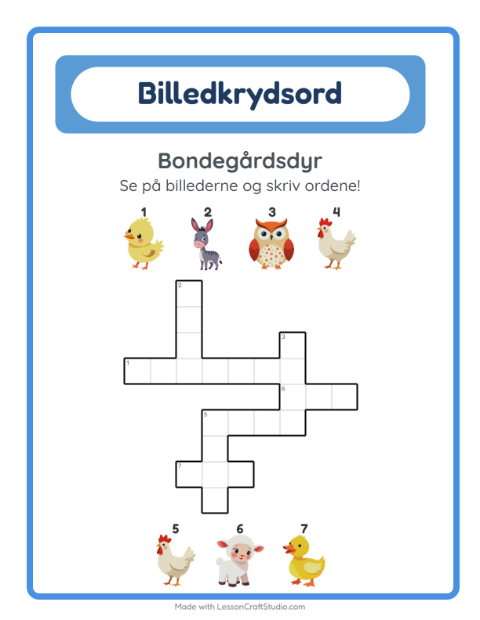 Forhåndsvisning af Krydsord-arbejdsark med Bondegårdsdyr til 2. klasse