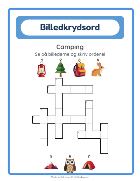 Forhåndsvisning af Krydsord-arbejdsark med Camping til 2. klasse