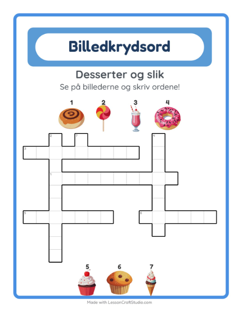 Forhåndsvisning af Krydsord-arbejdsark med Desserter og slik til 2. klasse