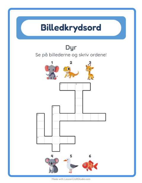 Forhåndsvisning af Krydsord-arbejdsark med Dyr til 2. klasse