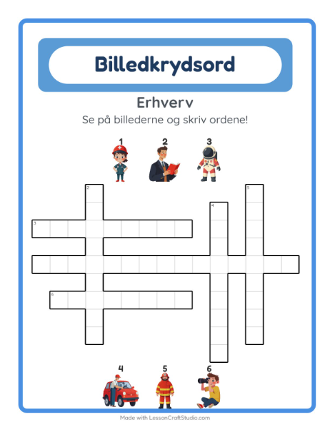 Forhåndsvisning af Krydsord-arbejdsark med Erhverv til 2. klasse
