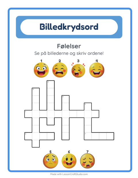 Forhåndsvisning af Krydsord-arbejdsark med Følelser til 2. klasse