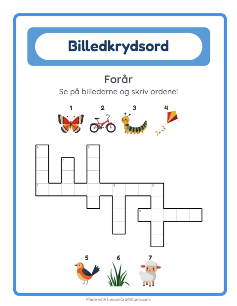 Forhåndsvisning af Krydsord-arbejdsark med Forår til 2. klasse