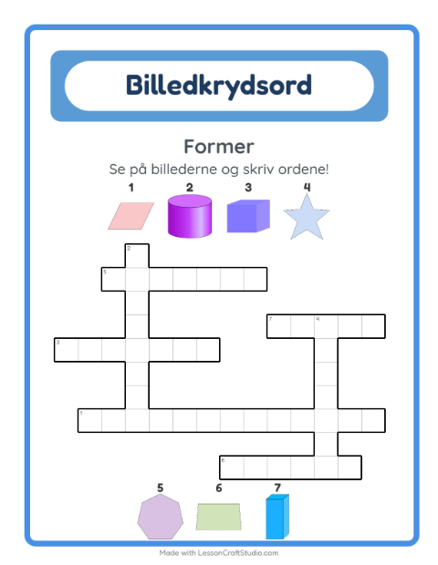 Forhåndsvisning af Krydsord-arbejdsark med Former til 2. klasse