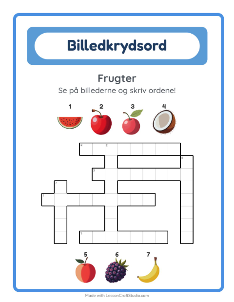 Forhåndsvisning af Krydsord-arbejdsark med Frugter til 2. klasse