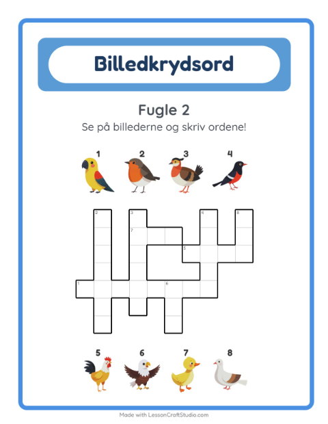 Forhåndsvisning af Krydsord-arbejdsark med Fugle 2 til 2. klasse