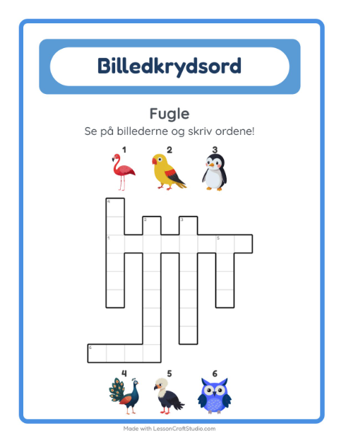 Forhåndsvisning af Krydsord-arbejdsark med Fugle til 2. klasse