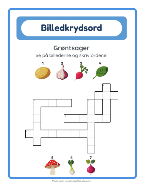 Forhåndsvisning af Krydsord-arbejdsark med Grøntsager til 2. klasse