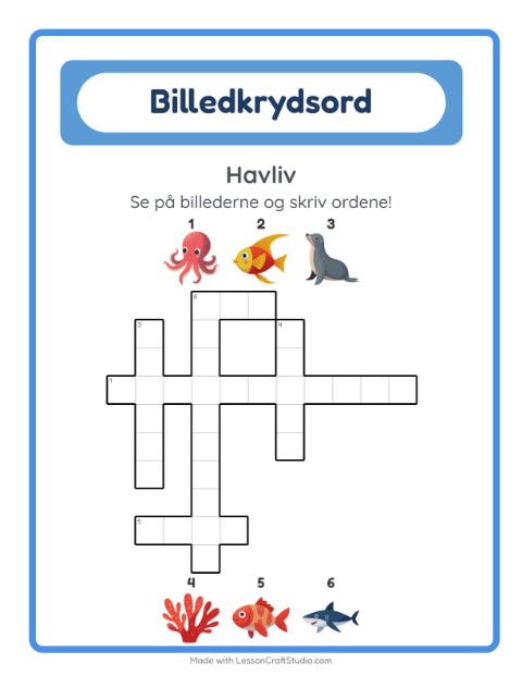 Forhåndsvisning af Krydsord-arbejdsark med Havliv til 2. klasse