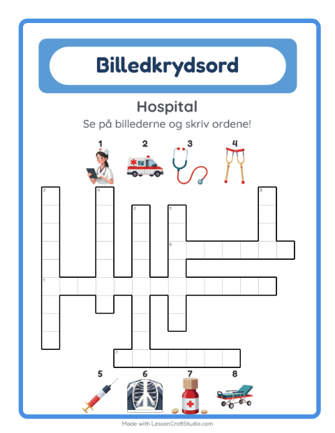 Forhåndsvisning af Krydsord-arbejdsark med Hospital til 2. klasse