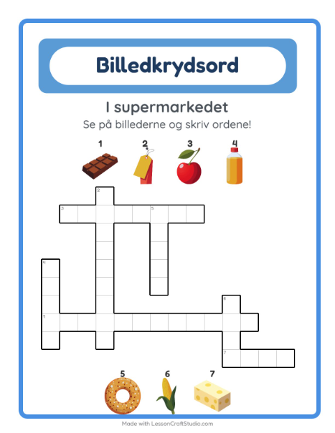 Forhåndsvisning af Krydsord-arbejdsark med I supermarkedet til 2. klasse