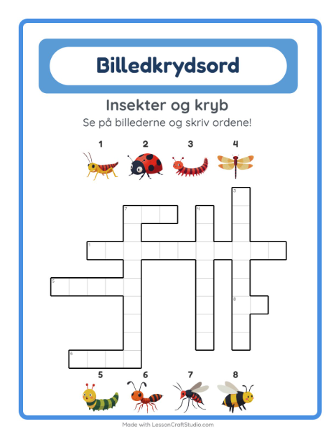 Forhåndsvisning af Krydsord-arbejdsark med Insekter og kryb til 2. klasse