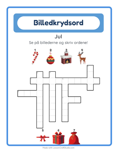 Forhåndsvisning af Krydsord-arbejdsark med Jul til 2. klasse