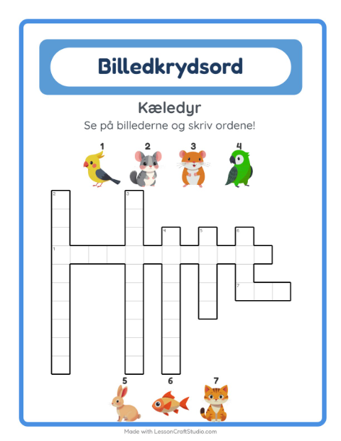 Forhåndsvisning af Krydsord-arbejdsark med Kæledyr til 2. klasse